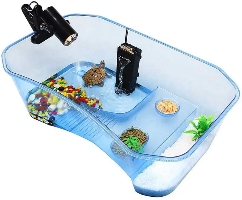 Hábitat de reptiles, Hábitat de tortuga Terrapin lago reptil acuario tanque con plantas de plataforma (azul)