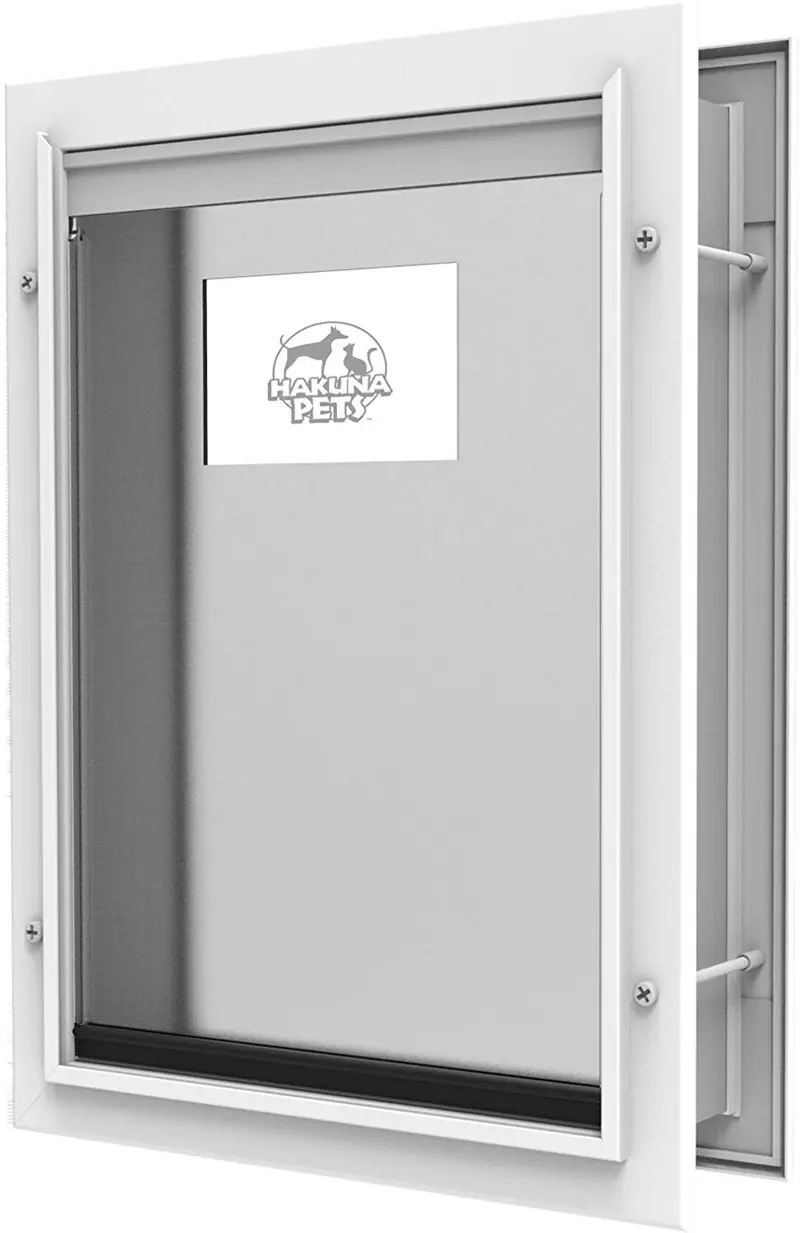 Hakuna Pets Deluxe puerta de aluminio para perros y gatos con panel de bloqueo para pantallas, puertas y paredes de hasta 2.8 in de grosor