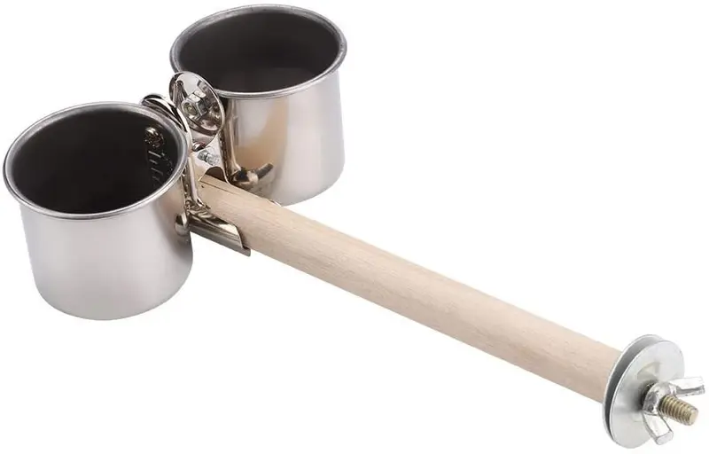 HEEPDD Perchas para pájaros con alimentador, ahorra espacio de acero inoxidable taza de alimentación para loros de tamaño pequeño y pájaros medianos