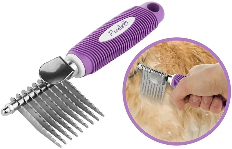 Herramienta de cepillo para rastrillo de pelo para mascotas con cuchillas largas de seguridad de 2.5 in para desenredar el pelo de la capa inferior estereada o anudada.