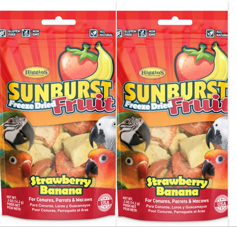 Higgins paquete de 2 Sunburst Freeze Dried fruta fresa plátano .5 oz EA. Divertido pájaro aperitivos dulces