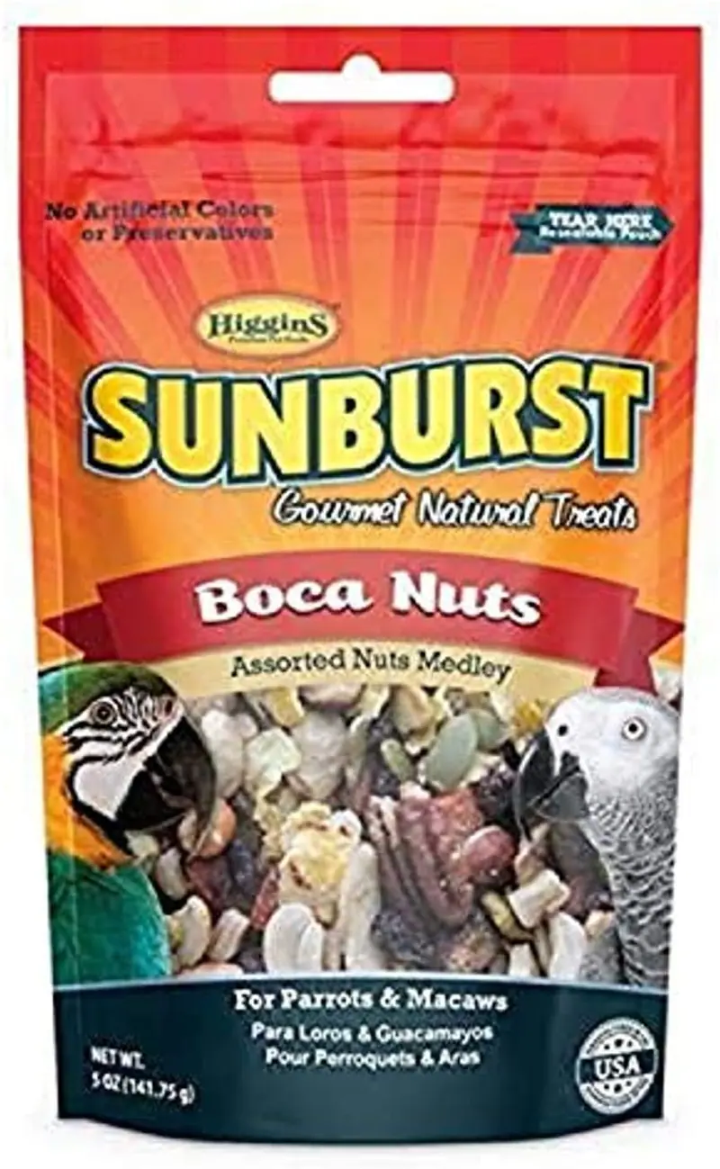 Higgins Sunburst Gourmet Natural Bird Treat, 5 Ounces, Shelled Boca Nuts for Parrots and Macaws