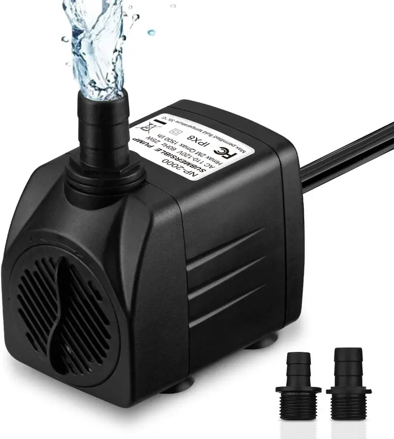 Homasy 400GPH Bomba sumergible de 25 W, bomba de agua de fuente ultra silenciosa con cable de alimentación de 5.9 pies, 2 boquillas para acuario, tanque de peces, estanque, hidroponía, estatuario