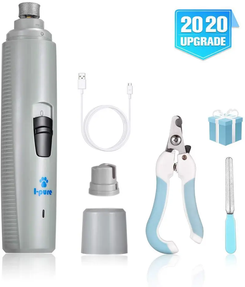 I-pure Artículos Amoladora de uñas para perros, cortadora eléctrica de uñas, 2 velocidades para mascotas, kit de aseo para perros, recargable, sin dolor, para perros pequeños y medianos, grandes