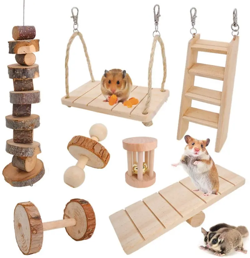 JanYoo Rabbit Toys - Juguetes para ginebra, conejo, hámster, hámster, gérmenes, rata, ejercicio, molar, rodillo de madera, columpio, sierra de mar, escalera (paquete de 7)