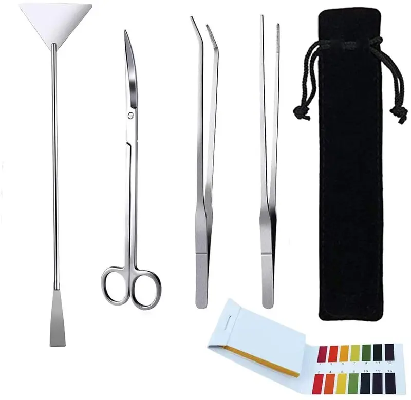 Jeeco 5 en 1 Aquascape Tools - Espátula para herramientas acuáticas, acero inoxidable, herramientas acuáticas, juego de herramientas con PH probador para kits de iniciación de peces y acuarios