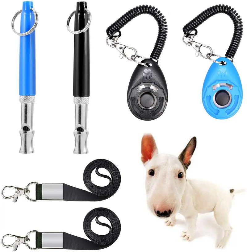 JESOT Silbato de entrenamiento de perro con clicker, kit de entrenamiento ultrasónico ajustable para perro con cordón para entrenamiento silencioso de repulsión de perro (paquete de 4) (negro y azul)
