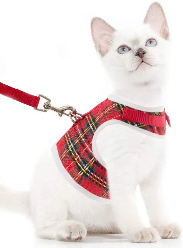 Juego de arnés y correa para gato de Navidad de Expawlorer, a prueba de escape, clásico a cuadros, ajustable, de malla suave