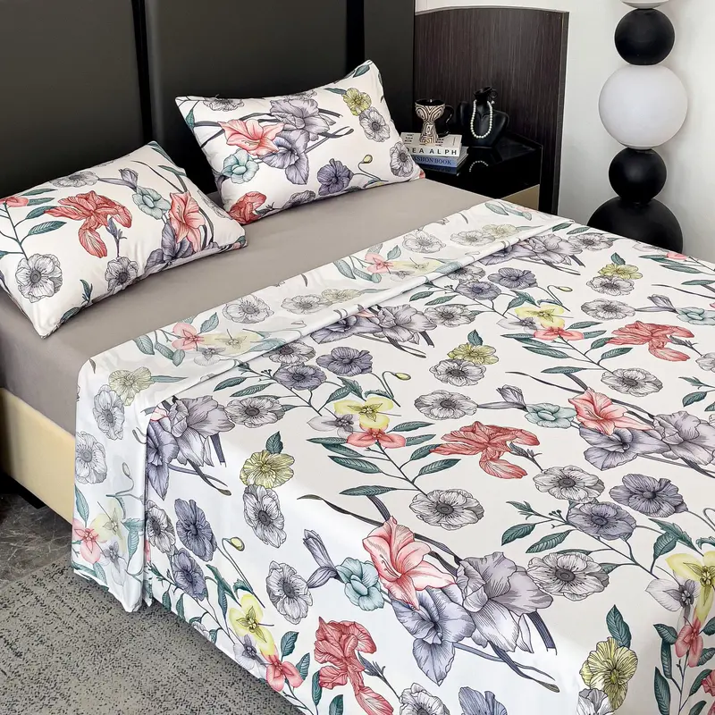 Juego de sábanas 4 piezas Estampado floral y bajera lisa