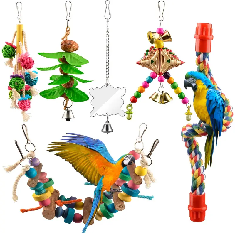 Juguetes de columpio de pájaros, 6 unidades, juguetes para masticar perchas colgantes con campanas, juguetes para masticar para paracaídas Cockatiels, conures, loros, pájaros de amor, Finches