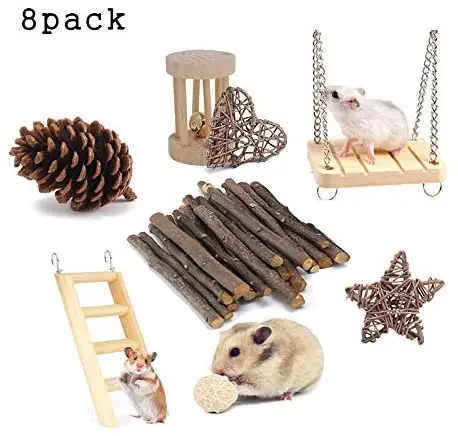 Juguetes para masticar de hámster, juguete molar para dientes de manzana natural, juguetes para masticar animales para pájaros, conejos, conejos, gerbils, cobayas, ratas, chinchillas, paquete de 8.