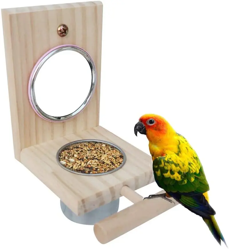 kathson Bird Feeder Parrot Perches Toys Mirror Stand Stainless Steel Food Bowl Cup Cage Accessories Fun Play for Canaries,Parakeet,Cockatiel,Conure,Cockatoo,Lovebirds