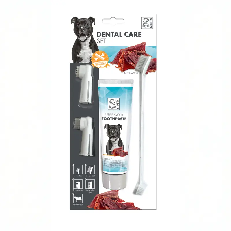 Kit Dental Completo para Perro Sabor Carne (Res) - Pasta y 4 cabezas de Cepillos | M-PETS