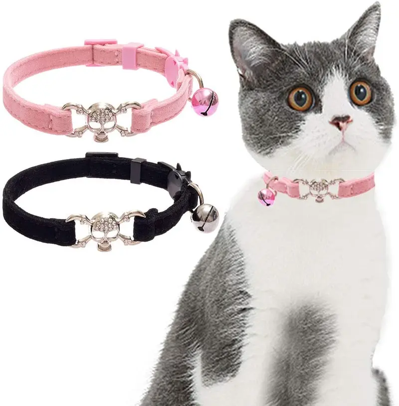 KOOLTAIL - Collar para gato con diseño de calavera con campana, 2 collares para mascotas con hebilla de seguridad, accesorio para gatos, gatitos, color negro y rosa