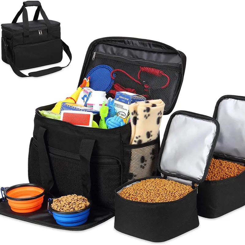 Kundu Bolsa de viaje para perros y gatos – Incluye 2 transportadores de alimentos, 2 cuencos y alfombrilla – aprobado por aerolíneas – negro
