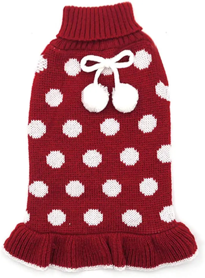 kyeese Dog Sweater Dress Turtleneck Polka Dot Dog Sweaters Knitwear Warm Pet Sweater with Pom Pom Ball