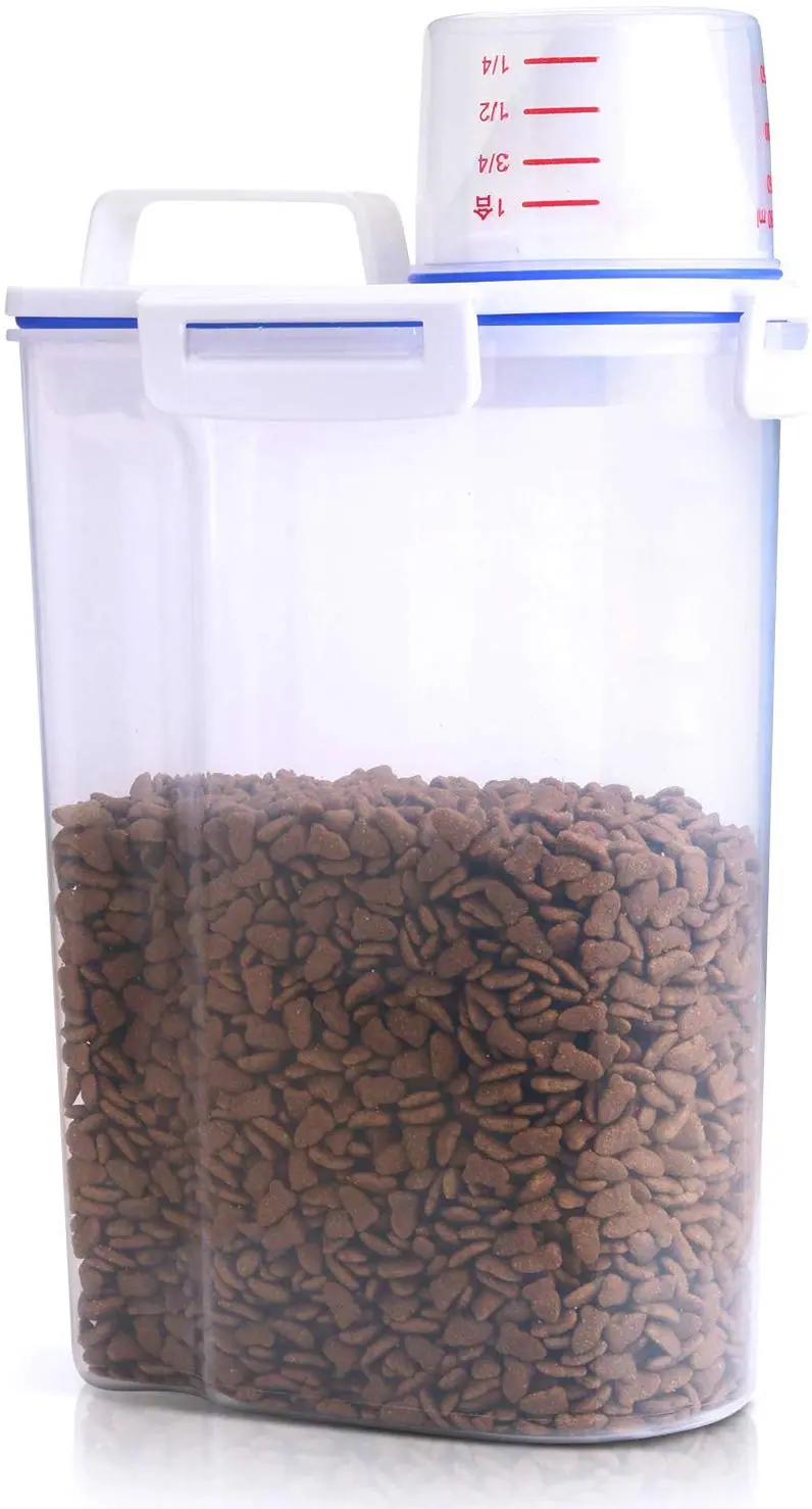 Kytely Airtight Pet Food Storage Container, Small Dog Food Container with Measuring Cup, Cat Food Container with Pour Spout, 4 Seal Buckles Food Dispenser for Regular Food, Dogs, Cats, Birds