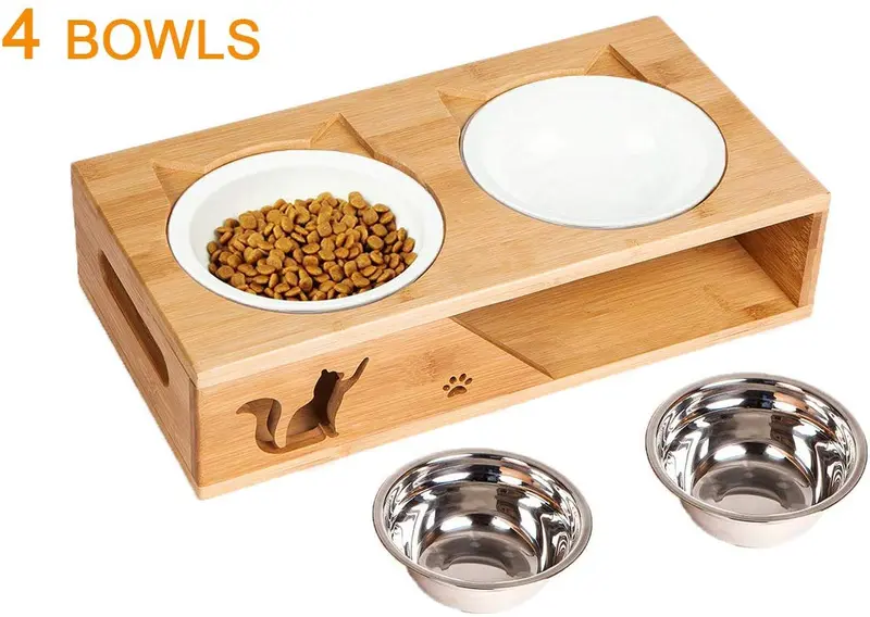 Lepet - Cuencos elevados para perros y gatos, alimentador elevado para mascotas, soporte de bambú sólido, perfecto para gatos y perros pequeños