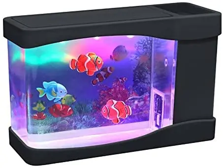 Lightahead mini acuario artificial con peces nadadores multicolores, luz LED y burbujas