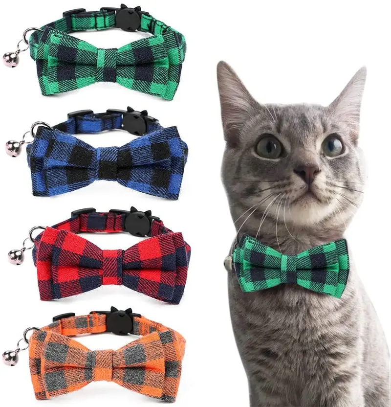 Malier 4 Pack Cat Collar Breakaway with Classic Plaid Bow Tie with Bell Perfact for Cats Kitty Kitten, Adjustable from 6.3~10.2 inch