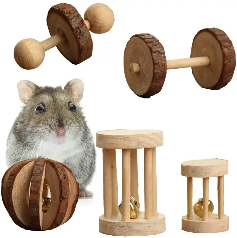 Masticar Juguetes de hámster Pack de 5 – Natural de madera pino mancuernas ejercicio rodillo de Bell dientes cuidado Molar juguete para conejos rata Guinea Pig y otros pequeños mascotas jugar juguete