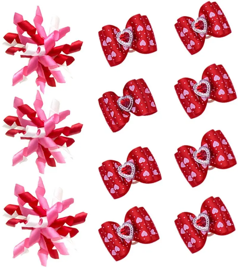 MaSue Pets - 20 lazos para el pelo de perro, 10 pares, para día de las valanetinas, lazos curvos románticos para perros, color rosa y rojo, lazos para perros con diamantes y amor