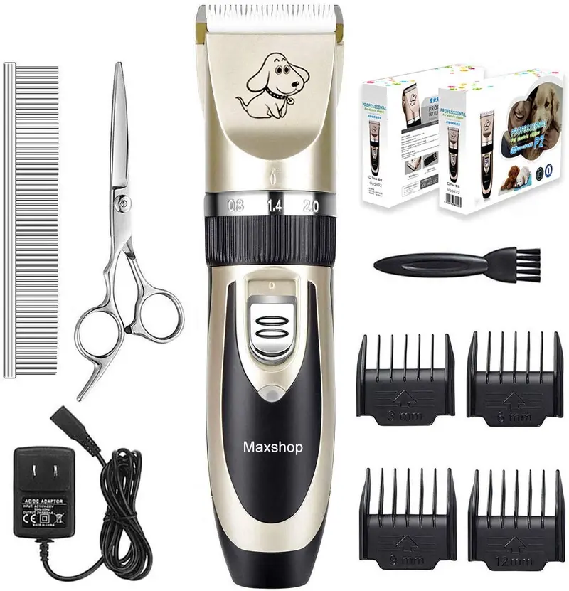 Maxshop Kit de corte de pelo para perros y gatos. Clippers eléctrico de bajo ruido recargable inalámbricos (Oro + Negro)