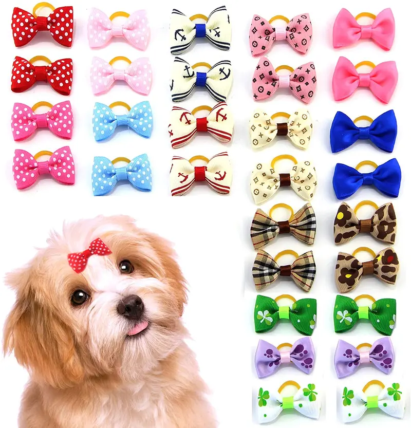 mewtogo 30 Pcs/15 pares mascota pelo Arcos con bands-dog accesorios para el pelo de goma con patrón diferente (banda de goma)