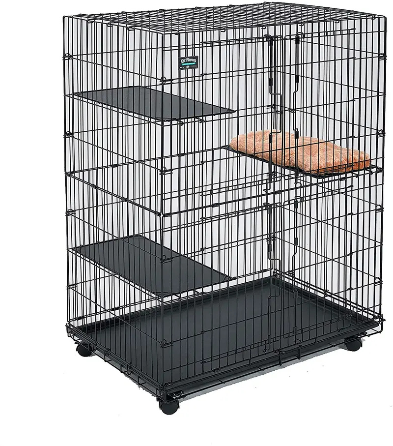 Midwest - Jaula para gatos con 3 estantes ajustables y 1 estante para cama de gato y ruedas de rueda. Ideal para 1 – 2 gatos. Medidas de la jaula de 14.2 x 9.3 x 19.9 in.