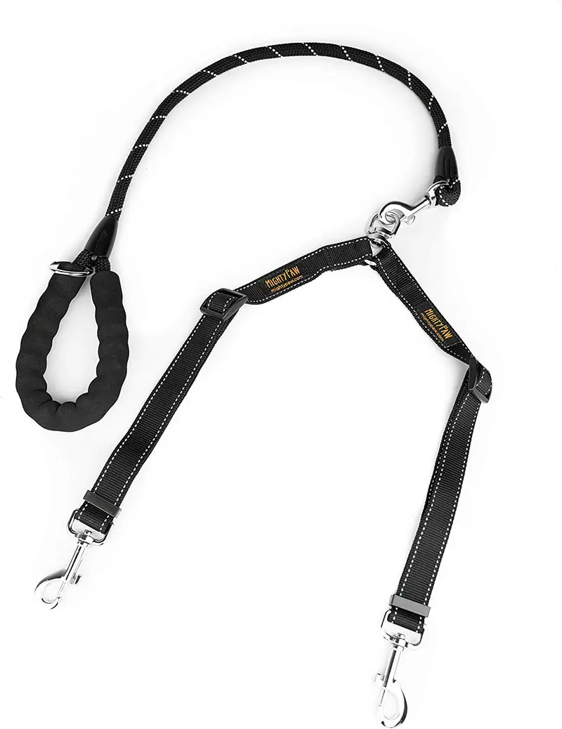Mighty Paw Double Dog Leash | Dual Pet Leash with Soft, Padded Rope Handle, and Tangle-Free 360° Swivel Hook. Adjustable Length for Small or Large Dogs. Weather-Resistant Climbers’ Rope Leash. (Black)