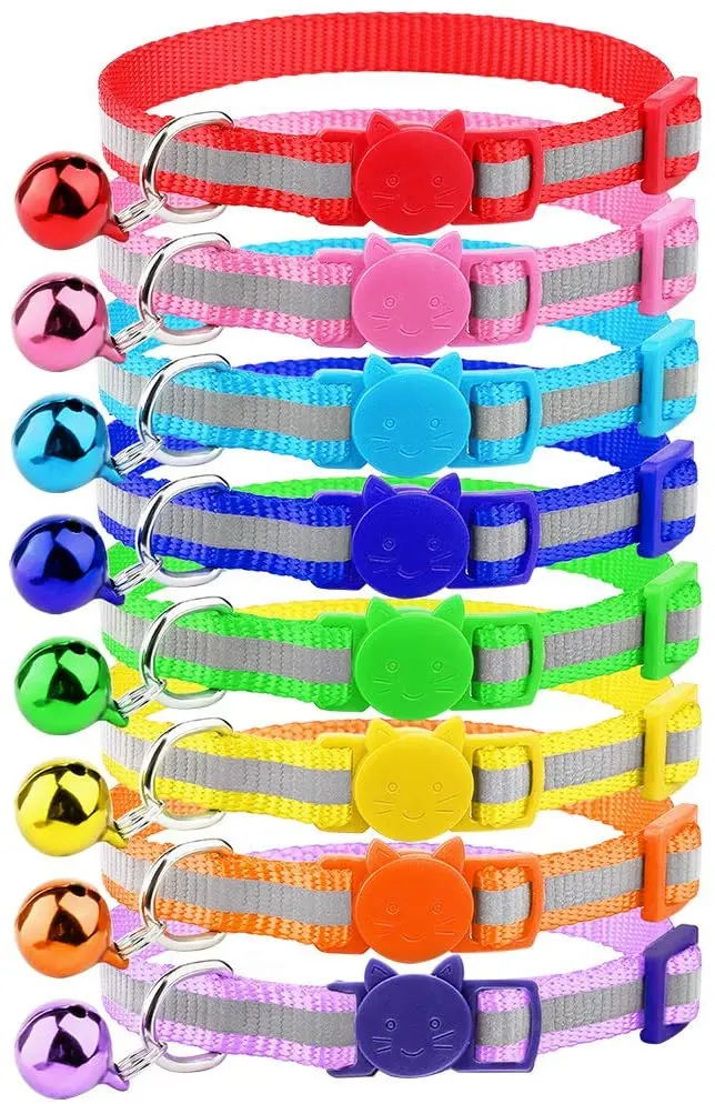 Milliepet - 8 collares reflectantes para gato con campana de nailon colorido ajustable para Kitty
