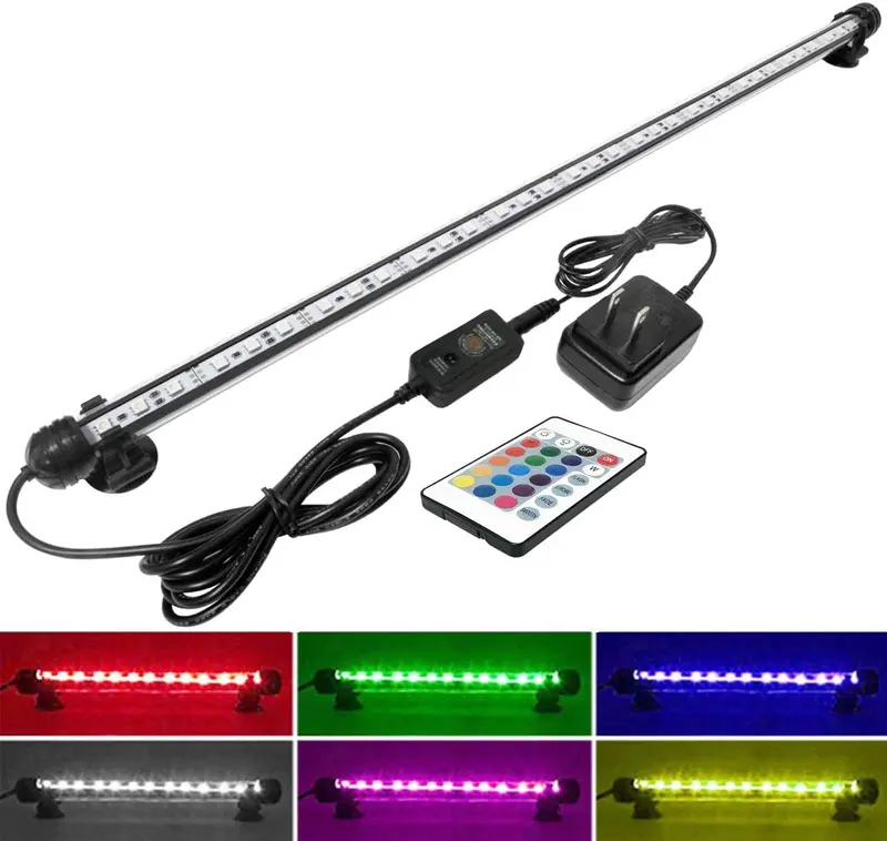 MingDak Luz LED para acuario, control remoto inalámbrico, luz para pecera, cambio de color RGB, brillo ajustable, luz LED sumergible bajo el agua