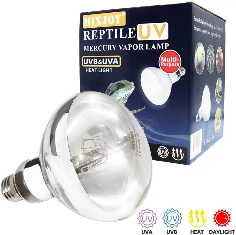 MIXJOY - Bombilla para lámpara de calor reptil de 125 W, luz solar de alta intensidad autoballastada UV/calor mercurio, UVA UVB espectro completo para uso reptil y anfibio
