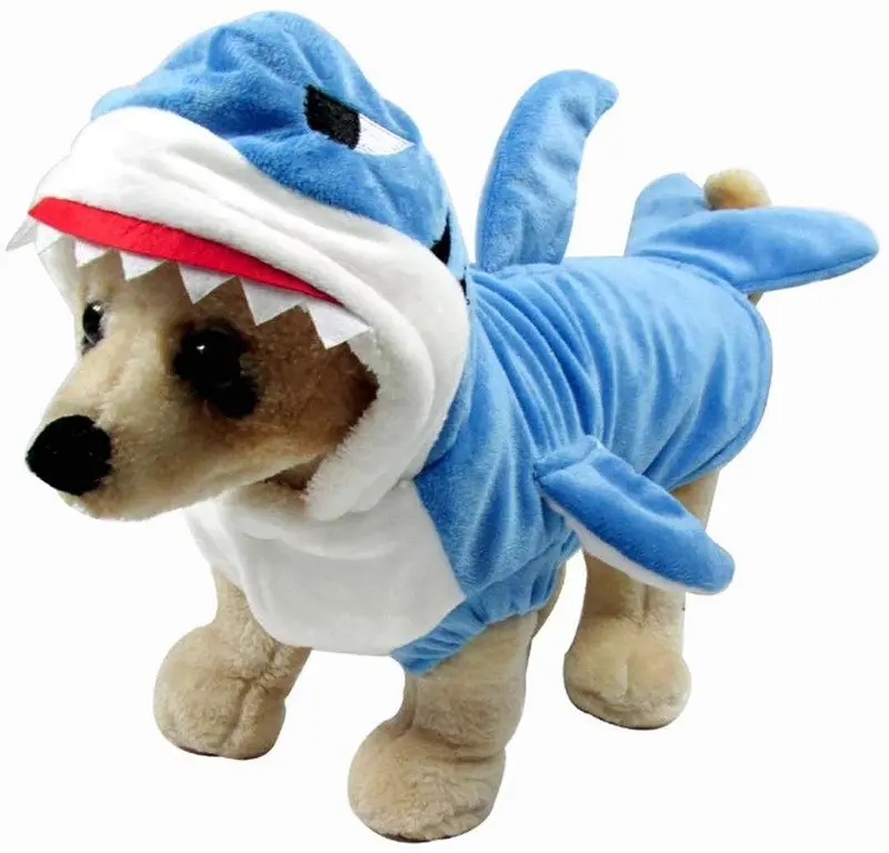 Mogoko - Disfraz de tiburón para perro, gato o gato, para Halloween, Navidad, disfraces, disfraz de tiburón azul Adorable, con capucha y forro polar
