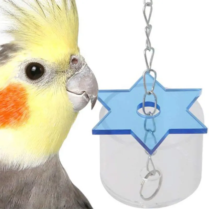 Mokook Parrot Cage Feeder for Macaw African Greys Cockatoo Cockatiel Eclectus Budgie Lovebirds Conures Parakeet and Interactive Toy, Acrylic Star Box and Hanging Design, 2.4 Inch Box Diameter