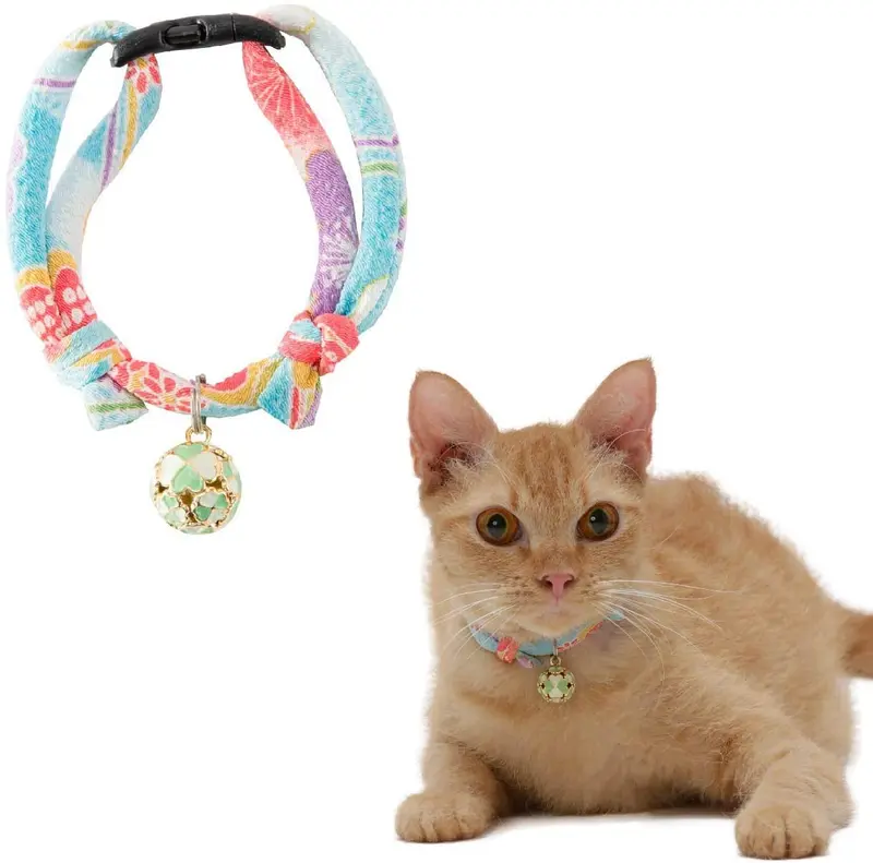 Necoichi Chirimen Cat Collar with Clover Bell, Handcrafted in Japan, 1 Size fits All