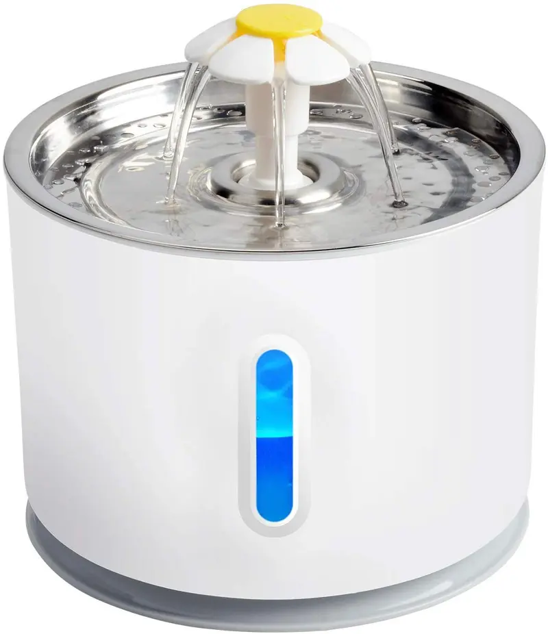 NICREW Fuente de agua para gatos, fuente de agua LED para mascotas para perros pequeños, dispensador de agua para gatos con luz nocturna LED y parte superior de acero inoxidable, 2 filtros incluidos