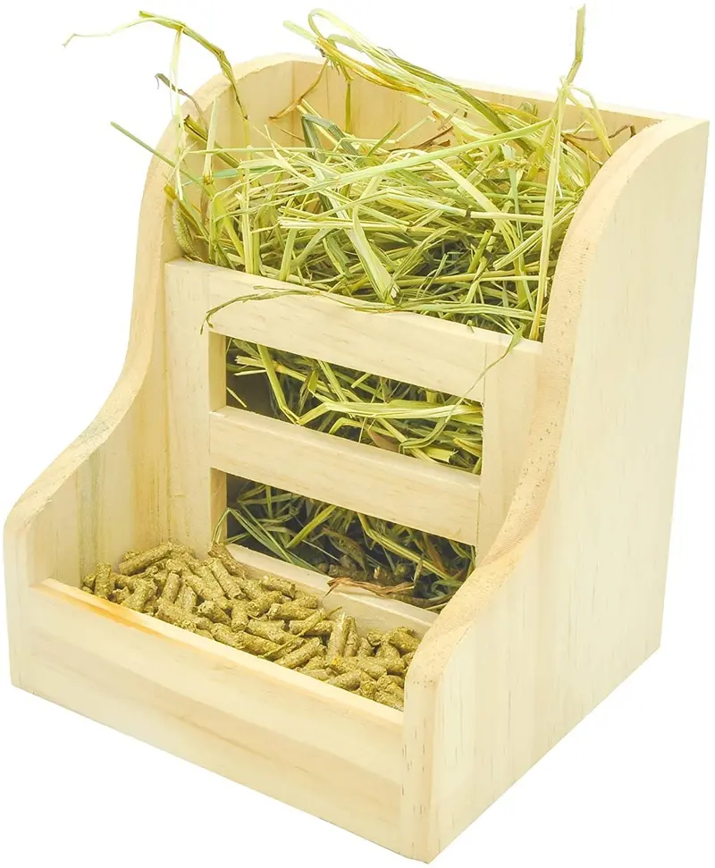 Niteangel zacate y comedero para doble uso y comida, heno pesebre de madera para conejos, conejillos de Indias