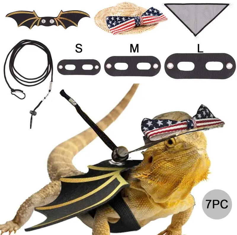Nobranded Lizard Harness Bearded Dragon Leash and Belt Hammock National Flag Hat 7 pc Set, Adjustable Amphibian and Other Small Pet Reptile Harness (S, M, L )+ 1 Straw Hat + 1 Hammock