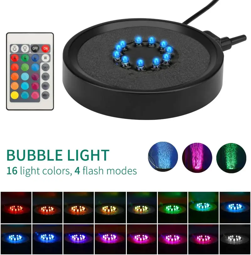 Number-one Aquarium Bubble Light LED Fish Tank Bubbler Light, Remote Controlled Aquariums Air Stone Disk Lamp with 16 Color Changing, 4 Lighting Effects for Fish Tanks and Fish Ponds