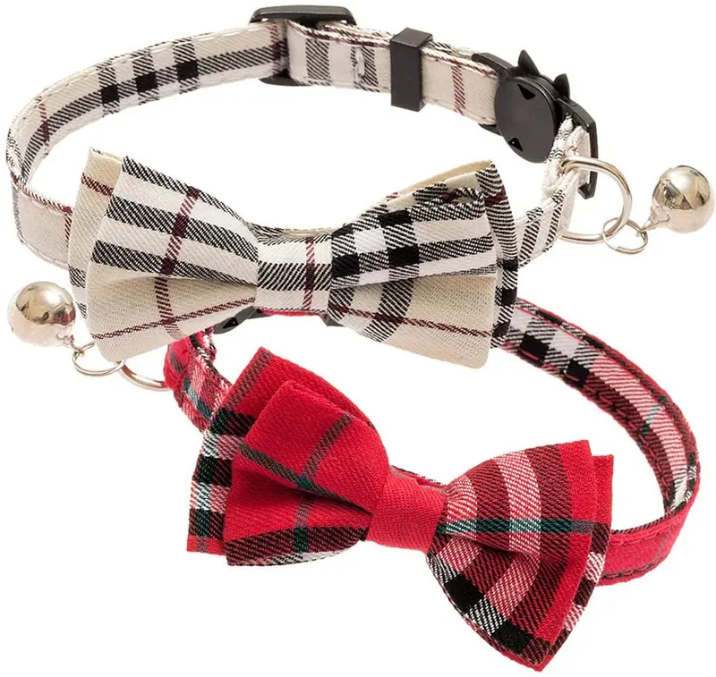 OFPUPPY - Juego de 2 collares para gatito con diseño de pajarita con campana y collar a cuadros para cachorro gatito ajustable de 7.8 a 10.2 pulgadas