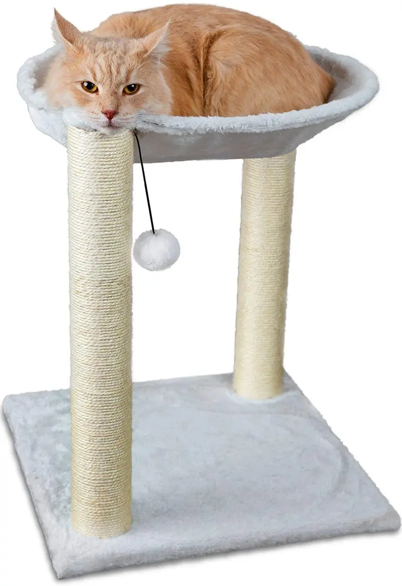 OxGord, casa de árbol para gato 12 x 12 x 13 con torre para rascarse, cama, hamaca y pelota, multiuso, 2 niveles, color blanco