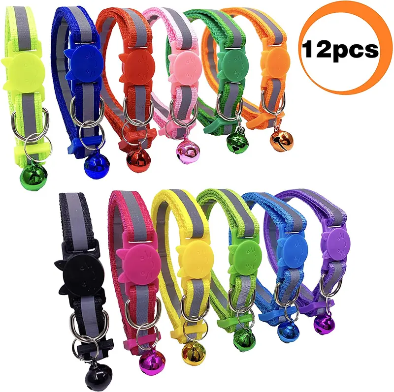 PACCOMFET Collar de gato de nailon reflectante con campana, 12 unidades, multicolor, seguro y duradero