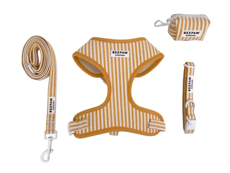 Pack arnés ajustable, collar, correa y portabolsas Honey Stripes