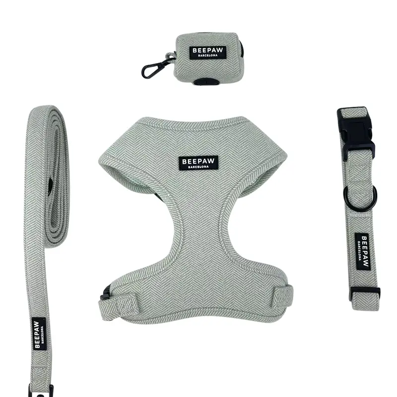 Pack arnés ajustable, collar, correa y portabolsas Tweed Verde