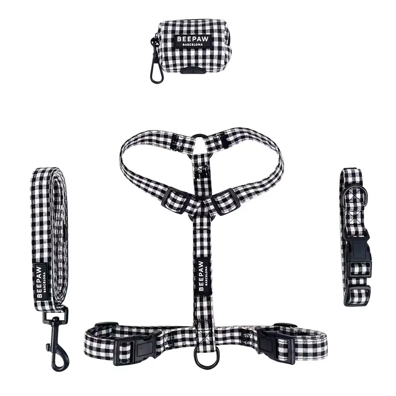 Pack arnés en H, collar, correa y portabolsas Vichy Negro