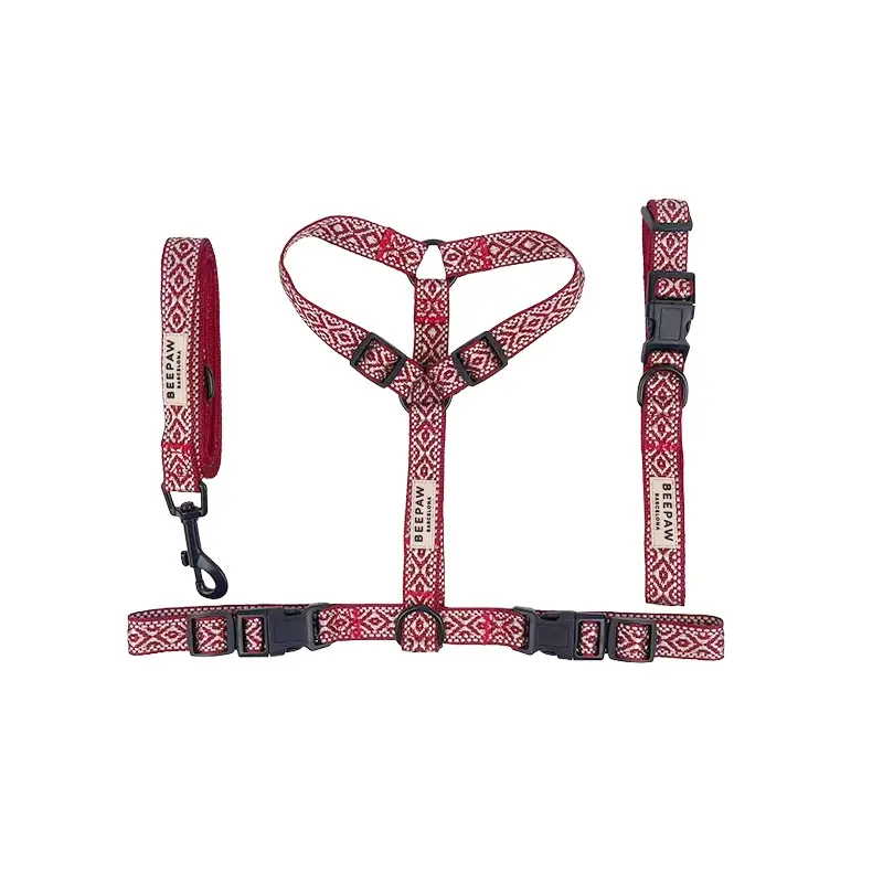 Pack arnés en H, collar y correa Boho Granate