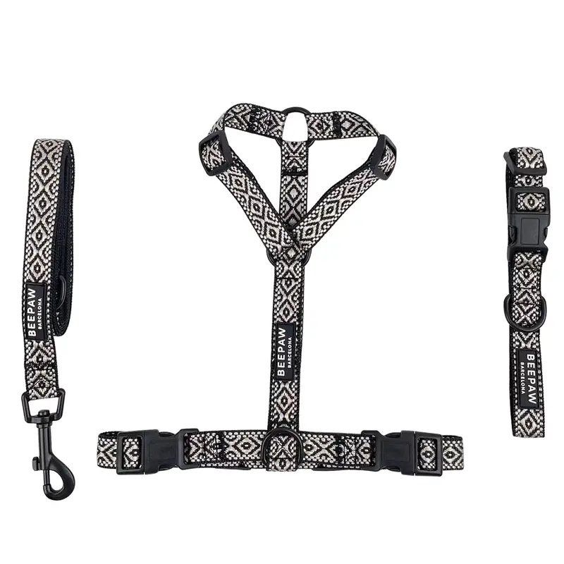 Pack arnés en H, collar y correa Boho Negro