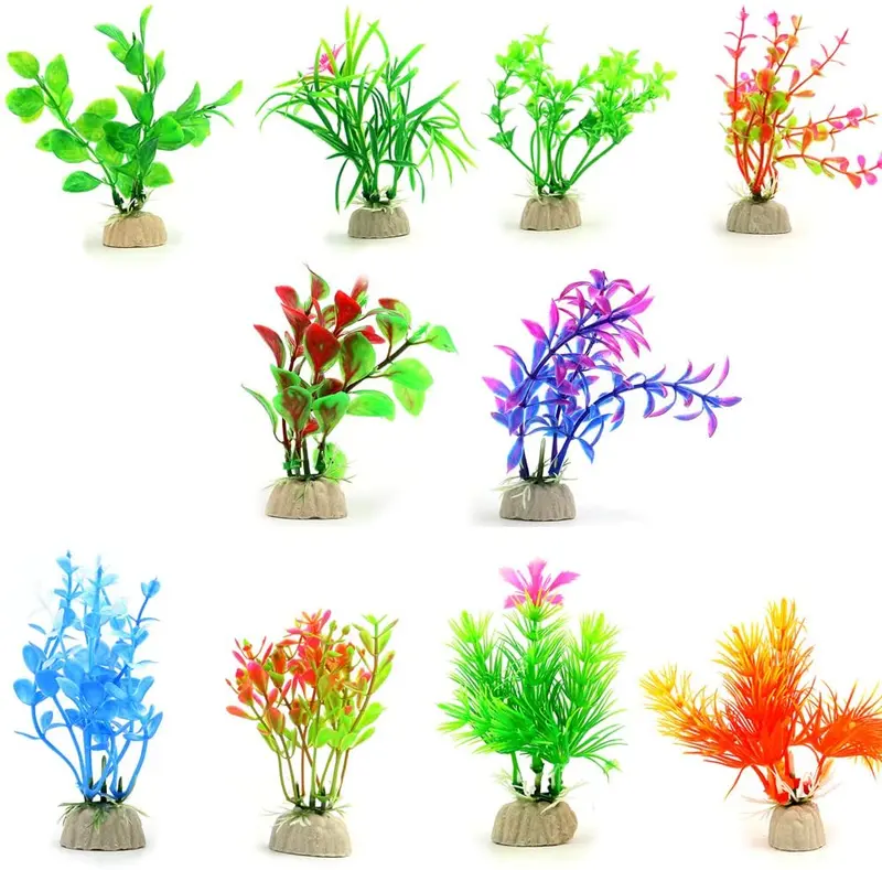 Pack de 10 plantas artificiales de acuario de COMSUN, tamaño pequeño de 10,16 a 4.5 in de altura aproximada, decoración para peceras, decoración del hogar, plástico, varios colores
