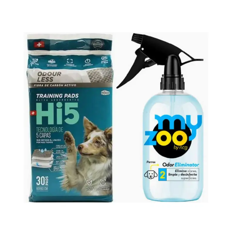 Pack Myzoo Odor Eliminator Mascotas con Gatillo Perros 500 cc + Hi5 Sabanillas 60 x 60 30 Unidades